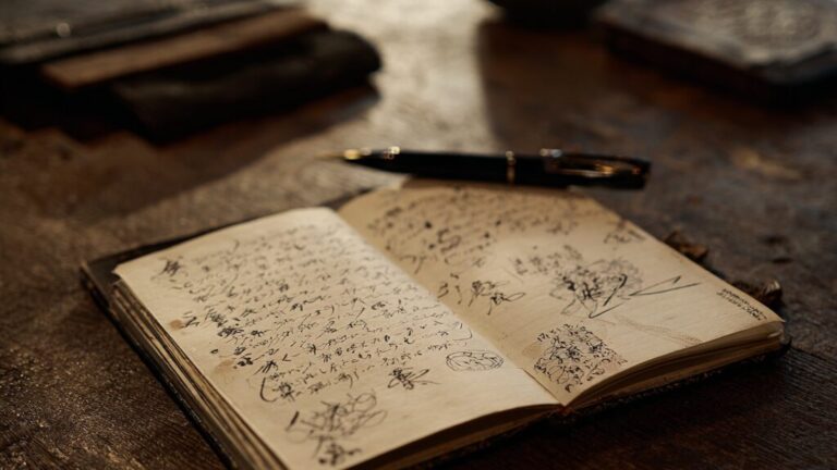 Open notebook filled with handwritten notes and sketches on a wooden desk, with a pen nearby.